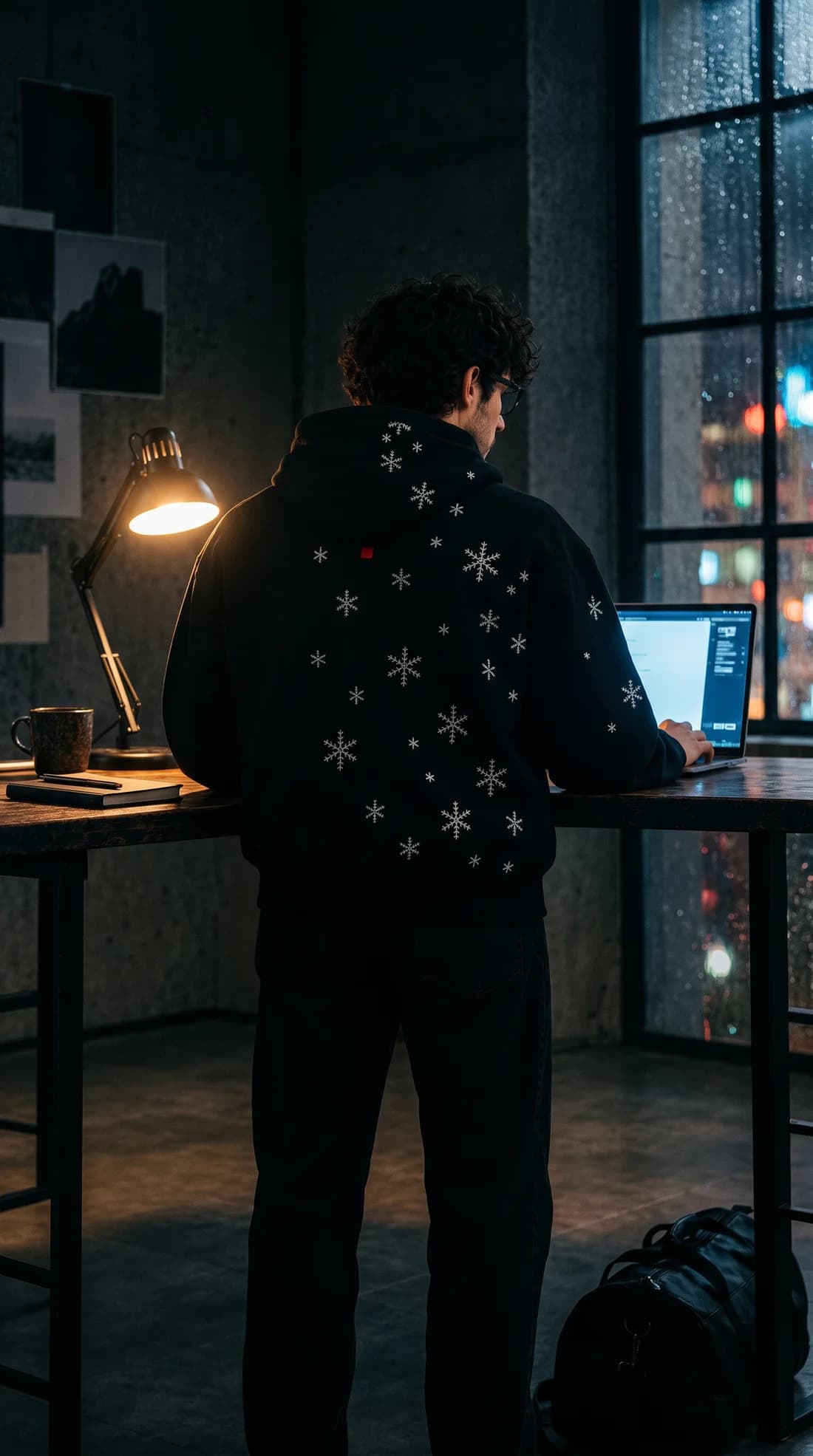 Working late at a desk, snowfall embroidery across the back.