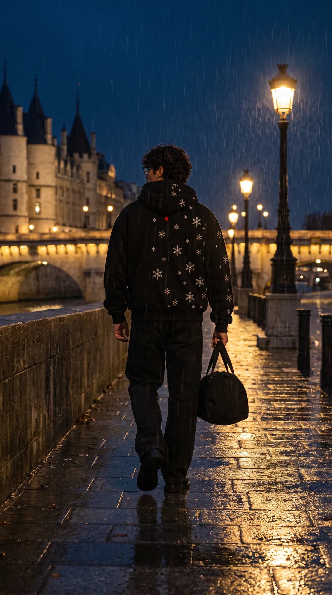 A night walk along the river in the rain.
